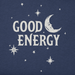 close-up view Life Is Good Women's Crusher Tee in navy blue featuring 'Good Energy' text with moon and stars graphic on front