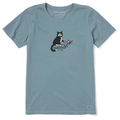 Life is Good Women’s Oops Cat Crusher Tee in blue featuring black and white cat knocking over wine glass with Ooops text.