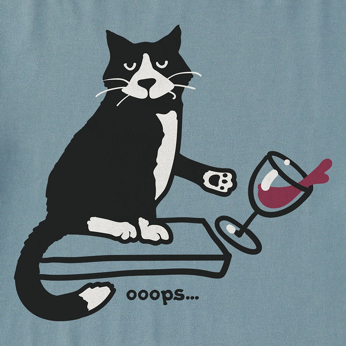 Close-up of Life is Good Women’s Oops Cat Crusher Tee design with cat spilling wine glass and humorous Ooops caption.