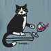 Close-up of Life is Good Women’s Oops Cat Crusher Tee design with cat spilling wine glass and humorous Ooops caption.
