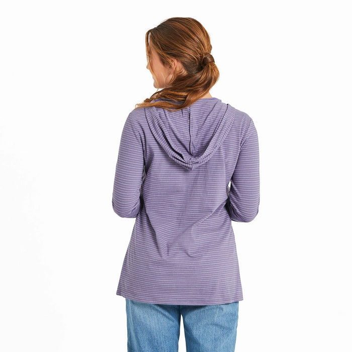 Back view of woman wearing Life Is Good Women’s Pet Paw Crusher Hooded Tee in purple stripes
