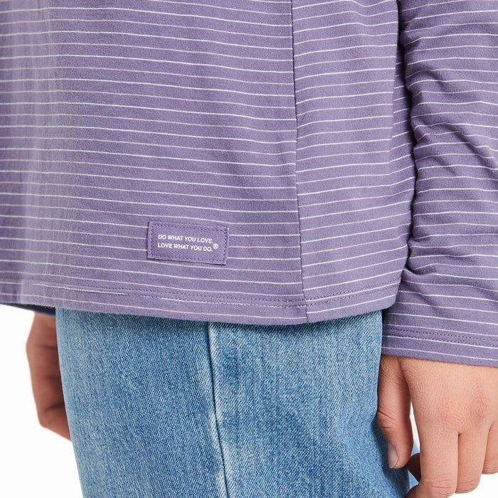 Close-up of hem tag reading “Do What You Love, Love What You Do” on purple striped hooded tee