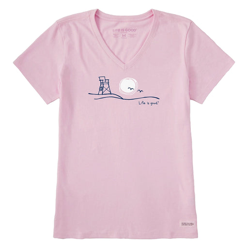 Life Is Good Women's Roam Beach Crusher Tee in soft pink with v-neck, short sleeves, and beach scene graphic