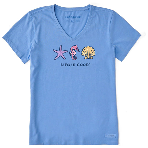 Life Is Good Women's Sea Life Trio Tee short sleeve v-neck in light blue featuring starfish, seahorse, and seashell graphic – casual beach style cotton t-shirt