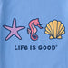 Close-up of Life Is Good Women's Sea Life Trio Tee graphic with purple starfish, pink seahorse, and yellow seashell on light blue cotton fabric