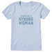 Light blue women's V-neck t-shirt with 'Raised by a Strong Woman' text graphic by Life is Good"