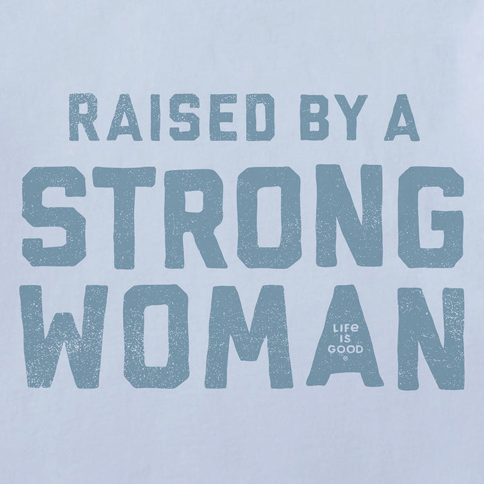 Light blue women's V-neck t-shirt with 'Raised by a Strong Woman' text graphic by Life is Good"