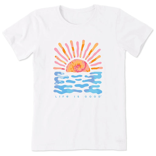 Life is Good Women’s Sun Water Tie Dye Short Sleeve Tee in white with colorful sun and water graphic.