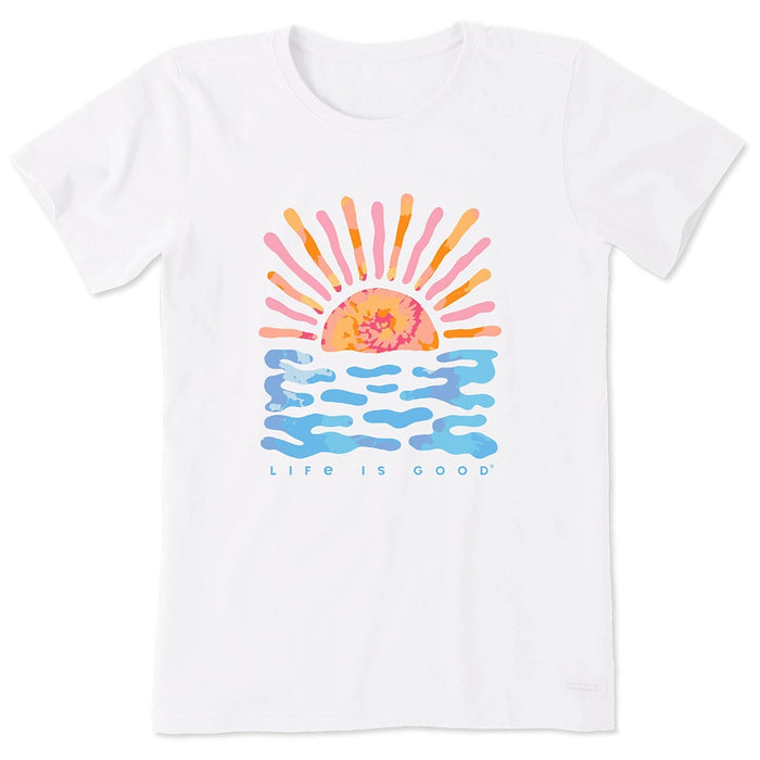 Life is Good Women’s Sun Water Tie Dye Short Sleeve Tee in white with colorful sun and water graphic.