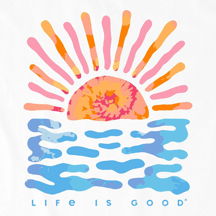 Close-up of Life is Good Women’s Sun Water Tie Dye Tee design featuring tie-dye sun over blue water waves.