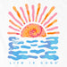 Close-up of Life is Good Women’s Sun Water Tie Dye Tee design featuring tie-dye sun over blue water waves.