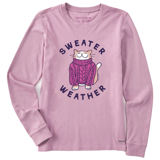 Life Is Good Sweater Weather Cat Long Sleeve Tee – women’s light purple shirt with smiling cat in sweater graphic.