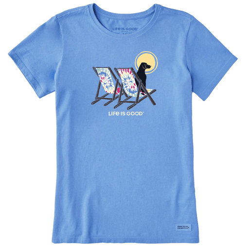Life Is Good women's Crusher Tee in blue with Tie Dye Dog Beach Chairs graphic, made from soft USA-grown cotton for a casual summer look.