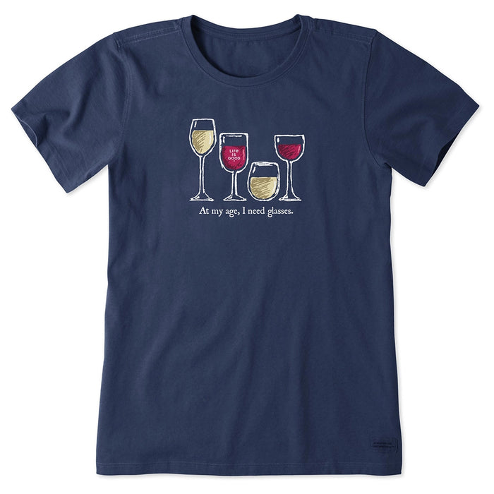 Life Is Good Women’s Wine Glasses Tee front view – navy t-shirt with wine glass graphic