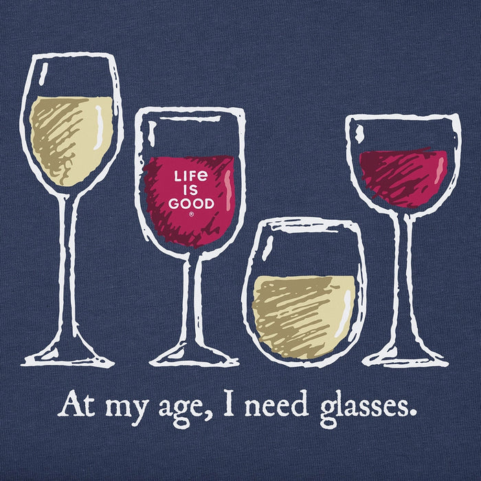 Close-up of wine glass graphic on Life Is Good Women’s Tee – “At My Age, I Need Glasses”
