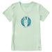 Light green women’s V-neck tee featuring a graphic of a hand making the peace sign over a globe with the words “World Peace” below; design by Life is Good.