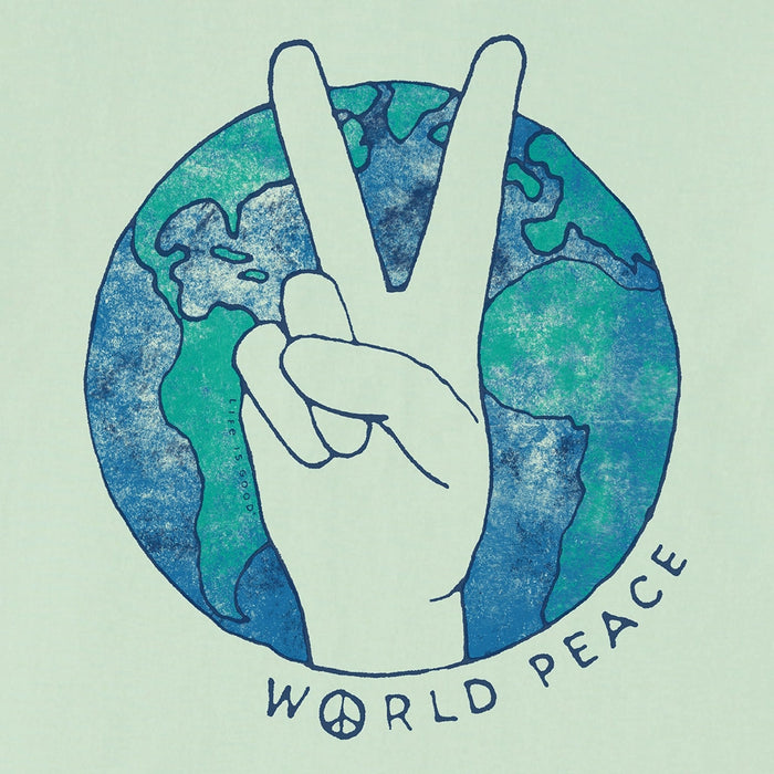 Light green women’s V-neck tee featuring a graphic of a hand making the peace sign over a globe with the words “World Peace” below; design by Life is Good.