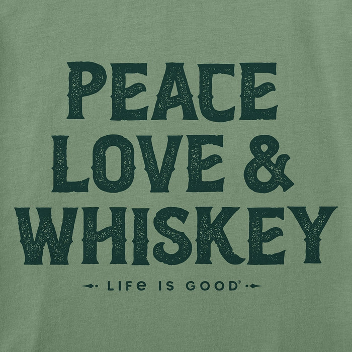 Close-up of Life Is Good Wordsmith Whiskey Tee graphic with text reading Peace Love & Whiskey.
