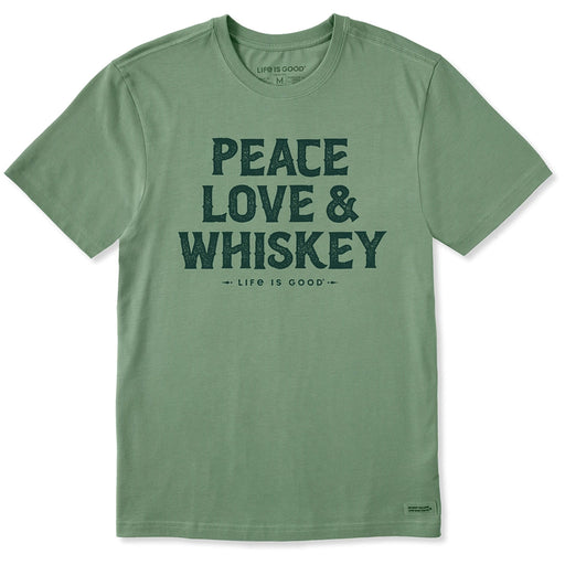 Life Is Good Wordsmith Whiskey Tee – sage green men’s short sleeve shirt with Peace Love & Whiskey design.