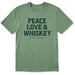 Life Is Good Wordsmith Whiskey Tee – sage green men’s short sleeve shirt with Peace Love & Whiskey design.