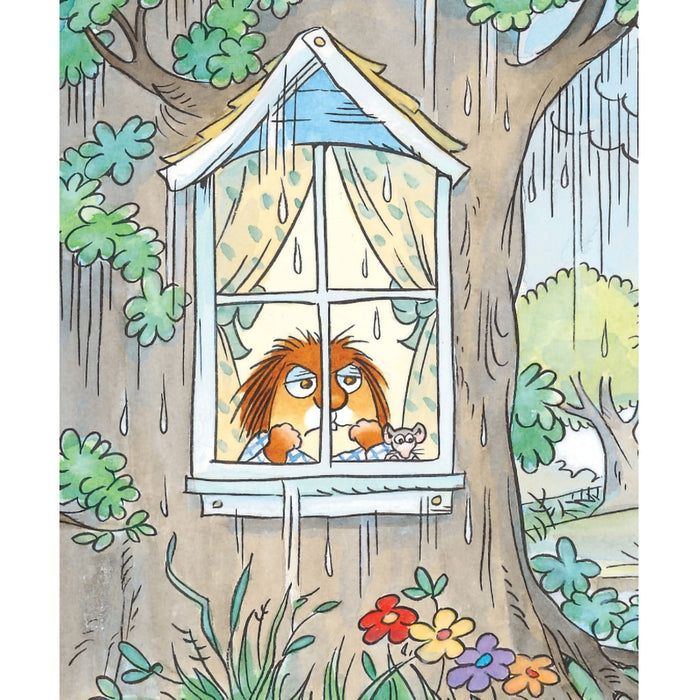Cartoon character looking out of a window in a treehouse with raindrops falling.
