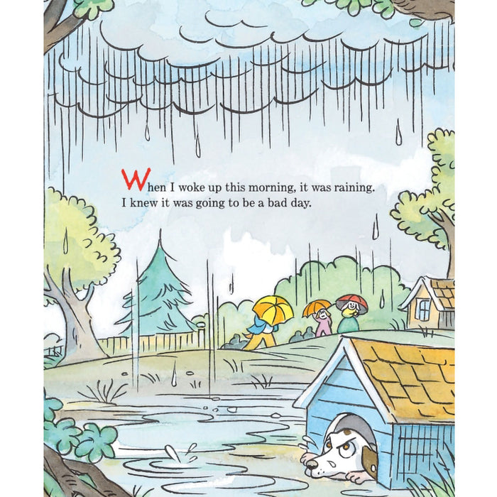 Illustration of a rainy day scene with people with umbrellas and a dog in a blue house.