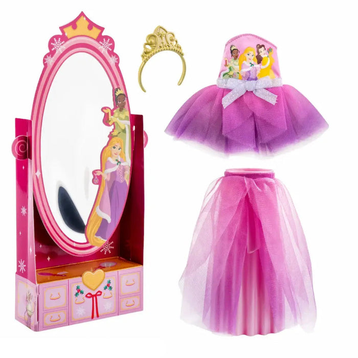 Elf on the Shelf Disney Princess 2-in-1 Standing Clothes Set featuring Disney Princess-themed clothing accessories for festive elf displays.