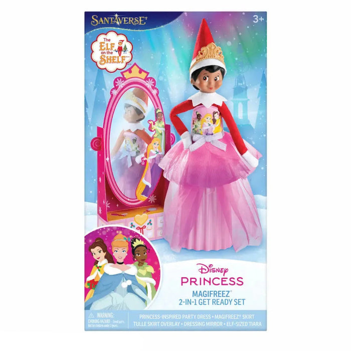 Elf on the Shelf Disney Princess 2-in-1 Standing Clothes Set featuring Disney Princess-themed clothing accessories for festive elf displays.