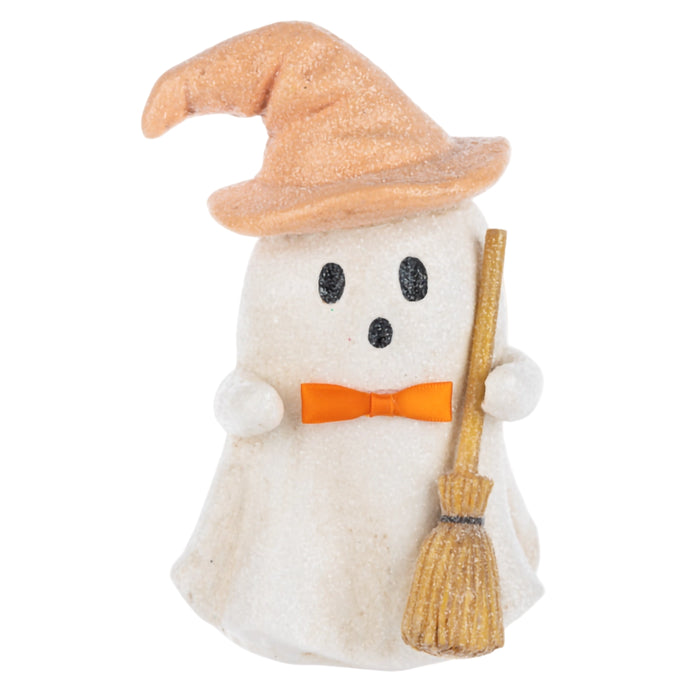 Halloween-themed ghost figurine with a witch hat, broom, and orange bow tie on a white background