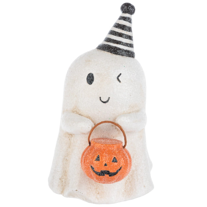 Plush ghost toy with a black and white striped hat and pumpkin basket on a white background