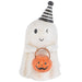 Plush ghost toy with a black and white striped hat and pumpkin basket on a white background