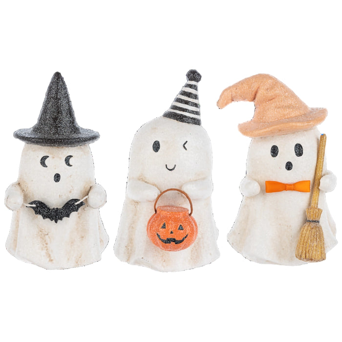Three Halloween-themed plush toys with ghost costumes and accessories on a white background