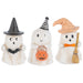 Three Halloween-themed plush toys with ghost costumes and accessories on a white background