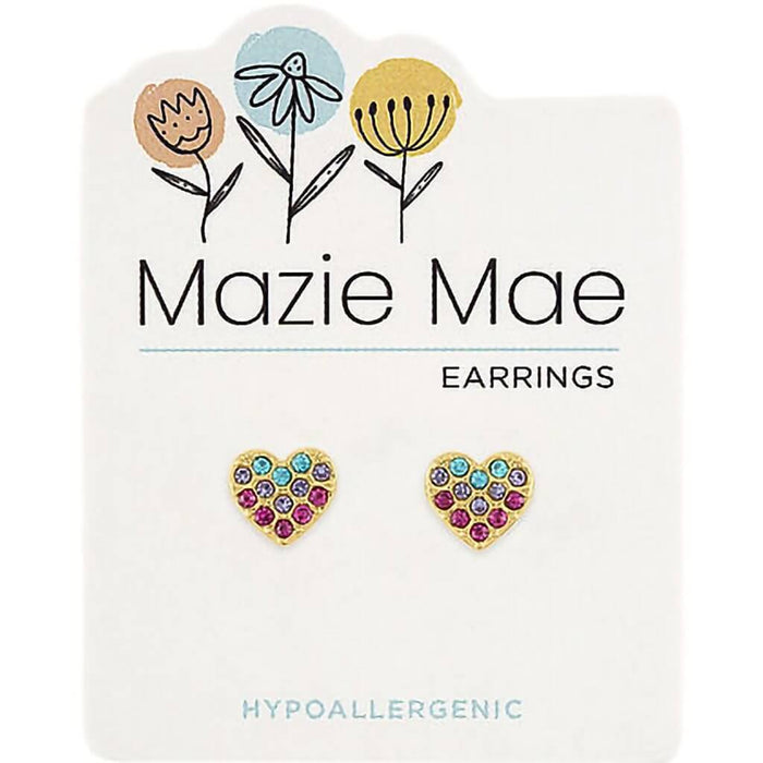 Mazie Mae gold heart stud earrings featuring sparkling multi-color cubic zirconia stones in a polished gold-tone finish for elegant everyday wear.