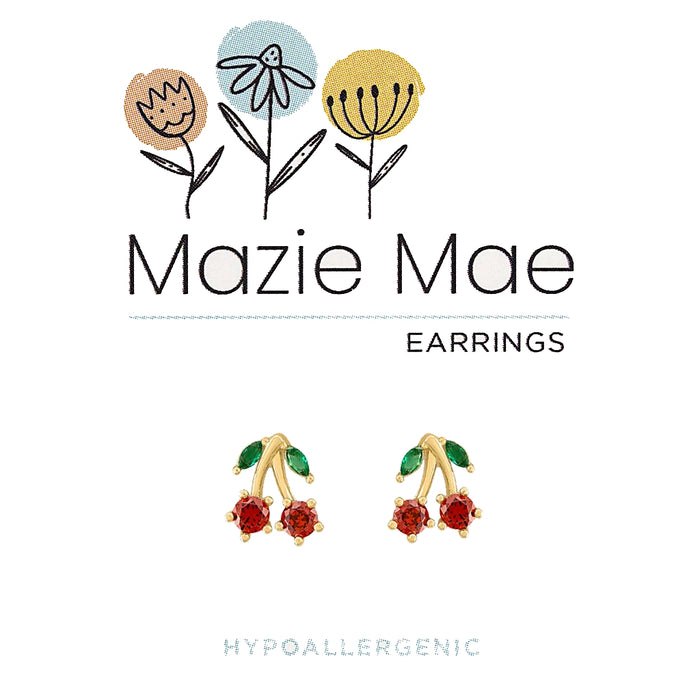 Earrings with floral design and red gemstones on a white background, branded as Mazie Mae.