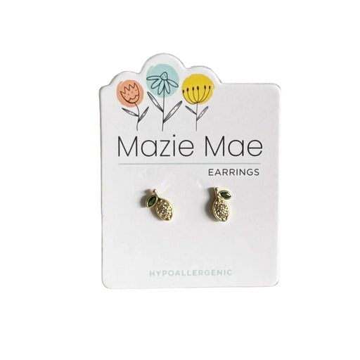 Gold Lemon  earrings on a 'Mazie Mae' branded card with floral designs.