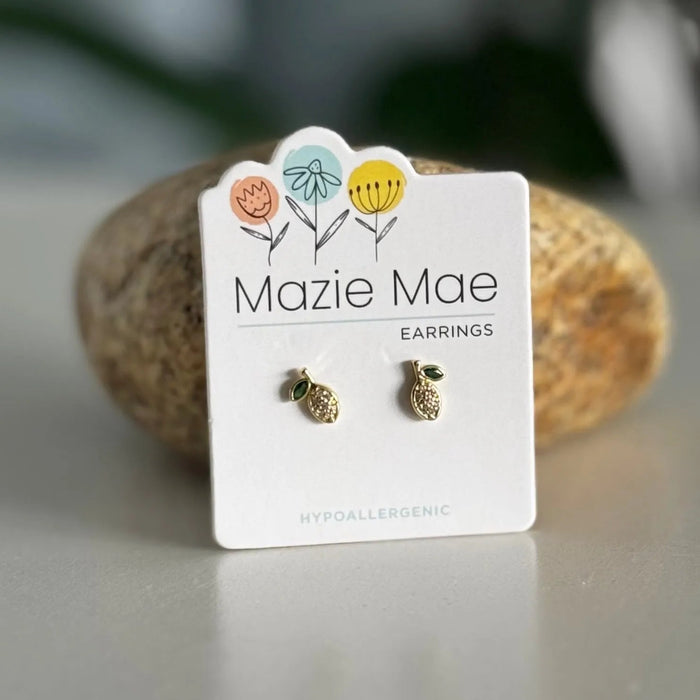Gold Lemon  earrings on a 'Mazie Mae' branded card with floral designs.