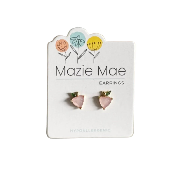 Mazie Mae peaches  earrings  on a branded card with floral design