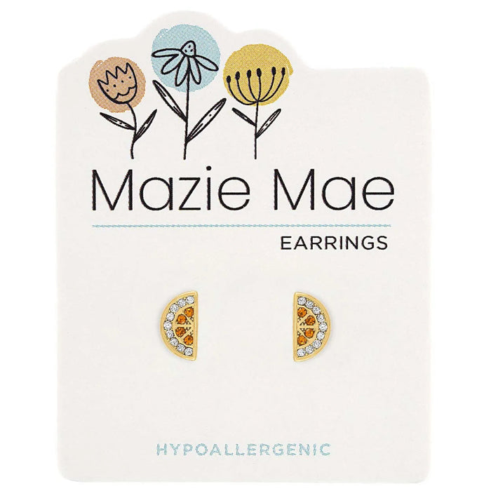 Orange slice earrings on a Mazie Mae branded card with floral designs.