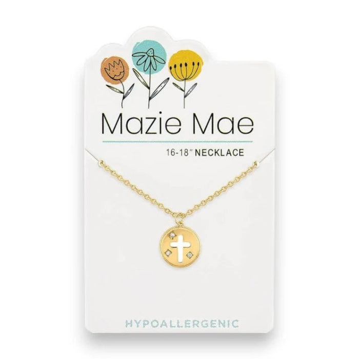 The Mazie Mae Gold Round Enamel Cross Necklace makes a bold statement of faith.
