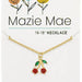 A charming necklace with a cherry pendant, emphasizing its vivid red color and small green leaf accent.
