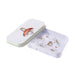 A compact tin box adorned with a colorful flower pattern.
