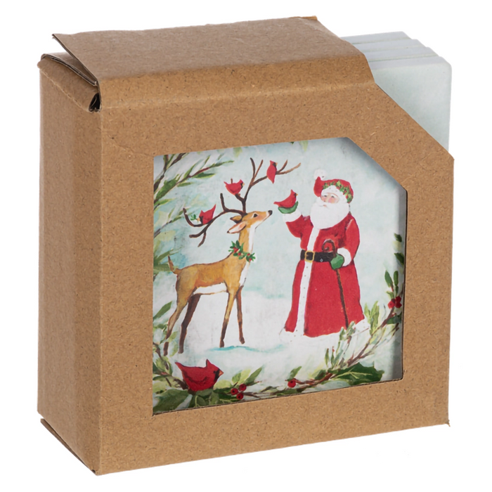Coasters in a box with Christmas design featuring Santa Claus and a deer on a white background.