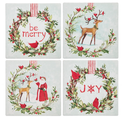 Set of four Christmas-themed coasters with reindeer, wreaths, and festive text on a white background.