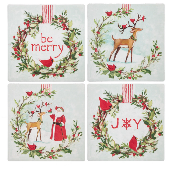 Set of four Christmas-themed coasters with reindeer, wreaths, and festive text on a white background.