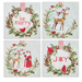 Set of four Christmas-themed coasters with reindeer, wreaths, and festive text on a white background.