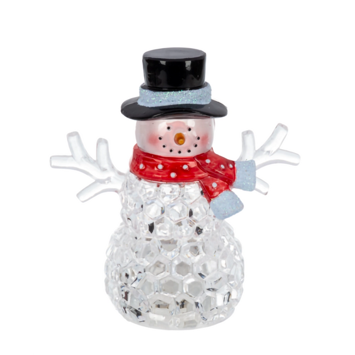 Decorative snowman figure with a black top hat, red scarf, and white honeycomb body on a white background