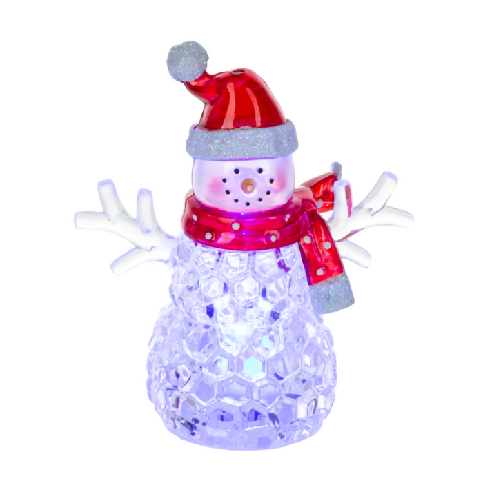 Decorative snowman figure with a red hat and scarf on a white background
