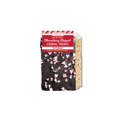 Melville Candy peppermint chocolatey-dipped cereal treat bar coated in milk or dark chocolate with crushed peppermint pieces.