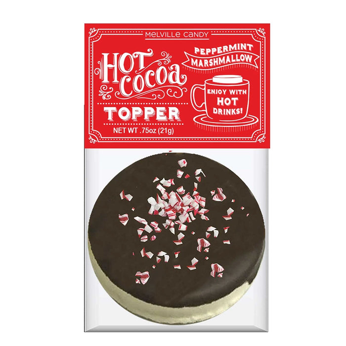 Melville Candy dark chocolate–coated marshmallow topper with crushed peppermint, packaged for hot cocoa or lattes.